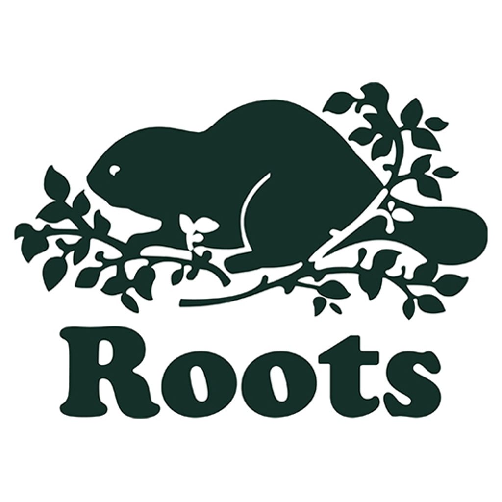 A dark green silhouette of a beaver on a leafy branch with the word 'Roots' underneath.