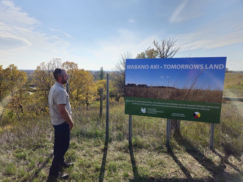 A man stands next to a large sign in a grassy field under a blue sky.