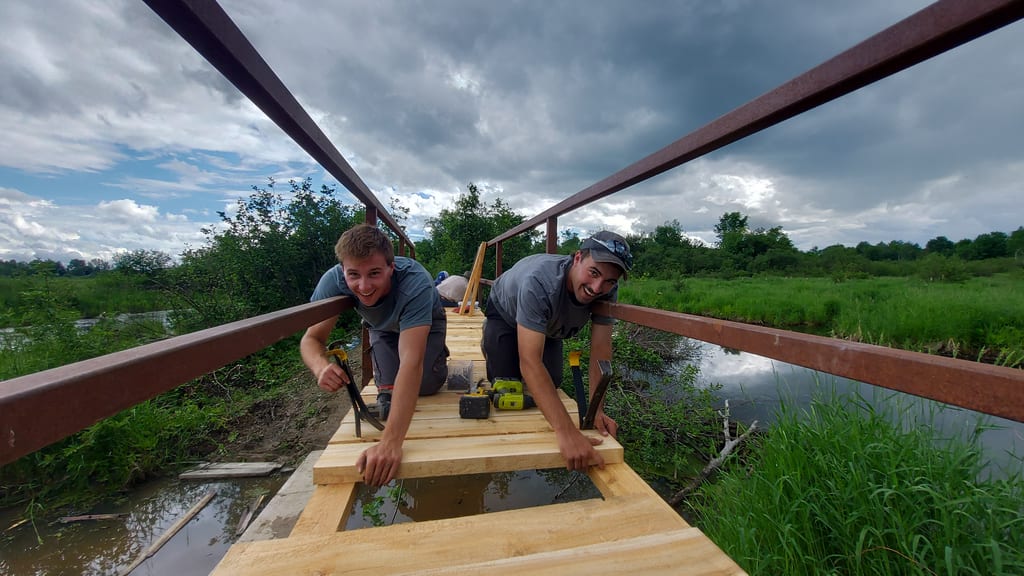Two men work on repairing a wooden walkway over water surrounded by green vegetation.