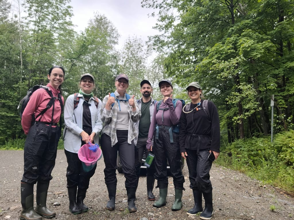A group of people in outdoor gear stand on a gravel path in a lush green forest.