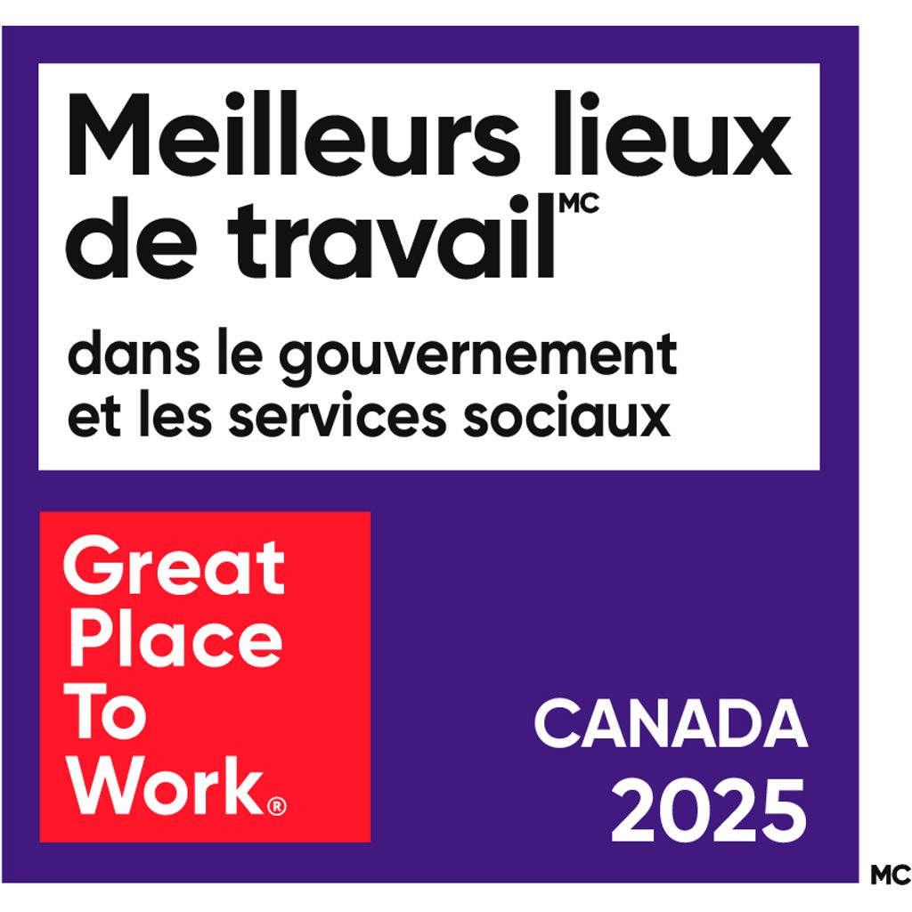 Un logo graphique pour Great Place To Work Canada 2025 avec du texte en français.