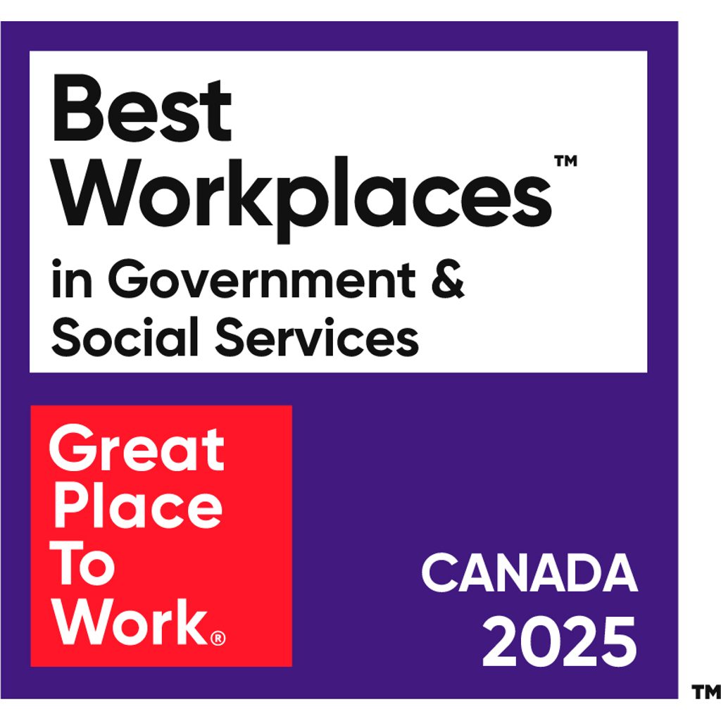 A graphic logo for the Best Workplaces in Government & Social Services award in Canada for 2025.