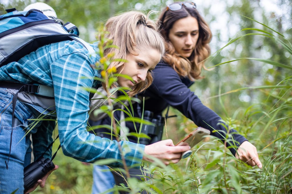 Two women observe plants in a lush green field.