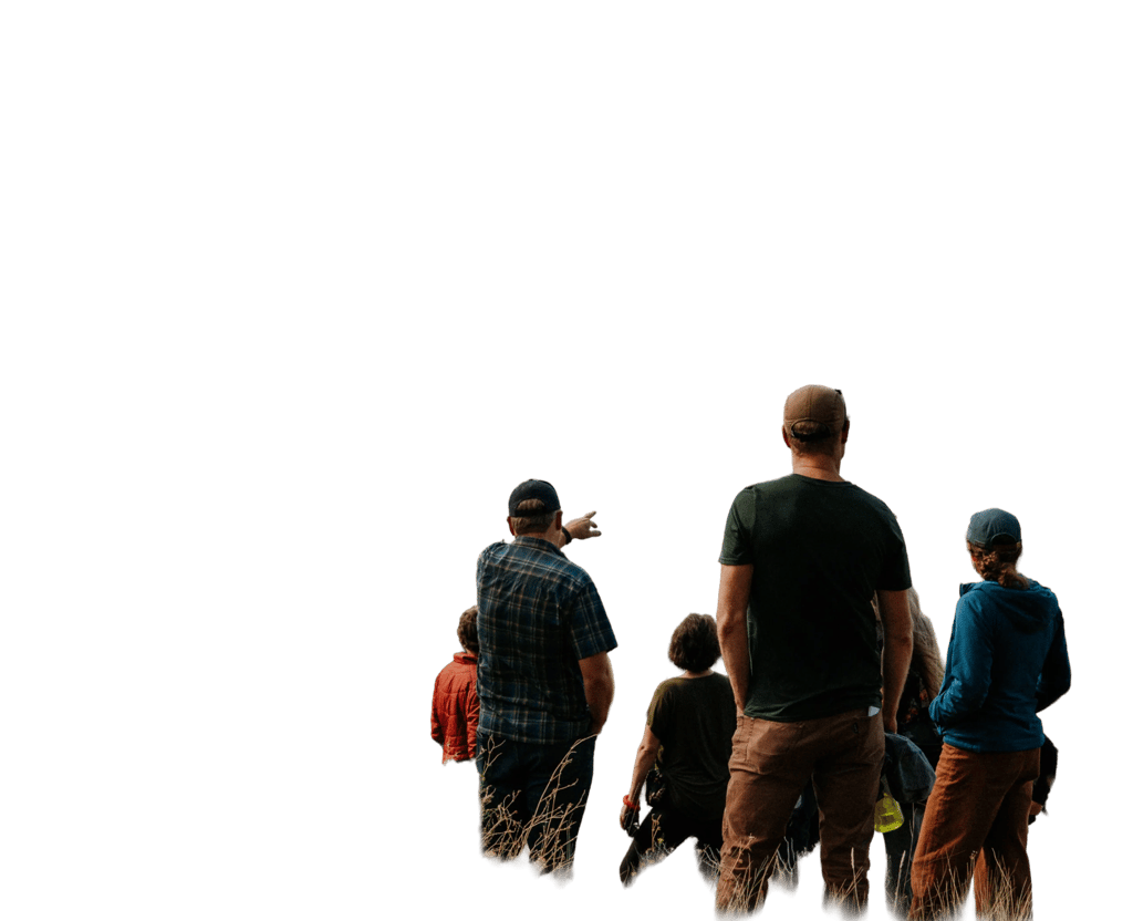 A group of people standing in tall grass, with one person pointing.