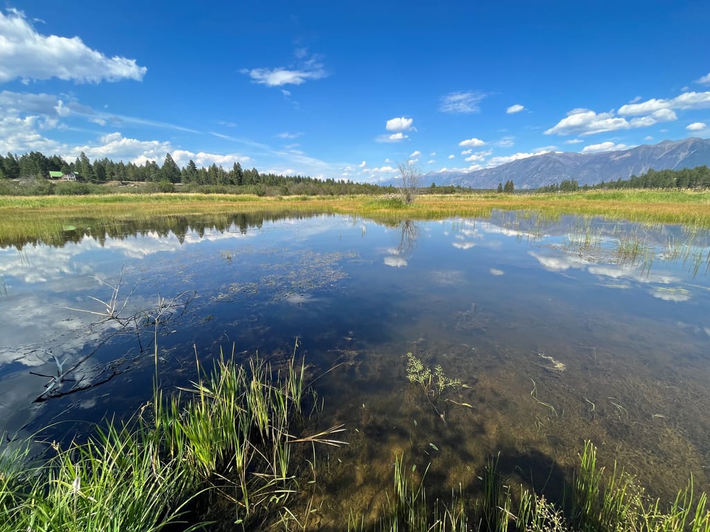 A calm pond reflects the blue sky and clouds, surrounded by green vegetation and mountains in the distance.