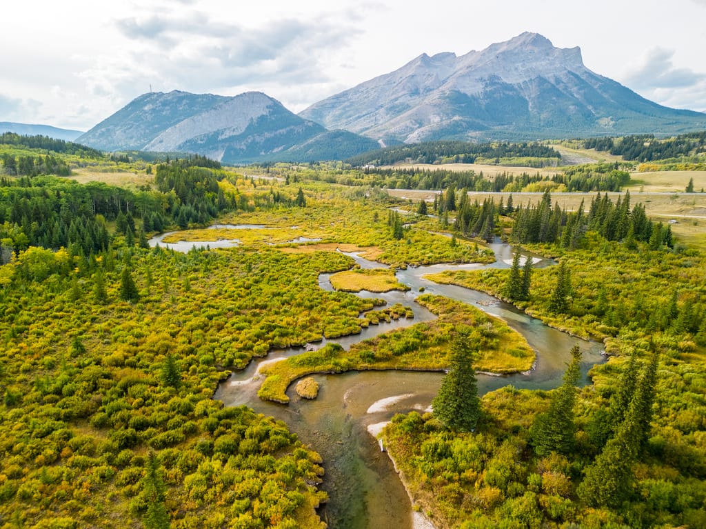 A winding river flows through a lush valley with mountains in the background during autumn.