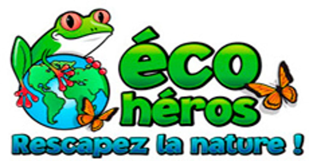 Une grenouille verte de dessin animé est assise sur un globe avec des papillons orange et du texte.