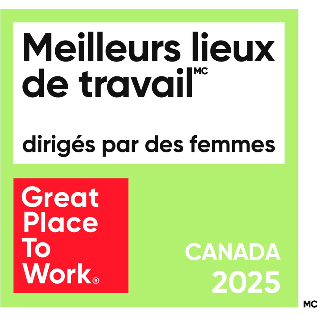 Un logo graphique pour Great Place To Work Canada 2025 avec du texte en français et en anglais sur un fond vert et rouge.