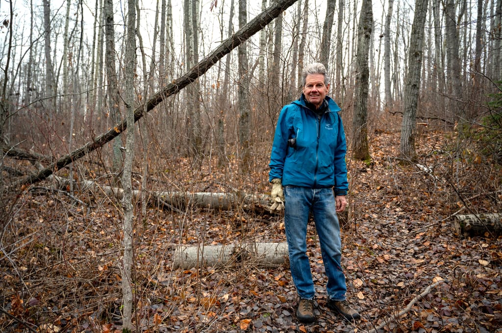 A man stands in a deciduous forest with bare trees and fallen leaves on the ground.