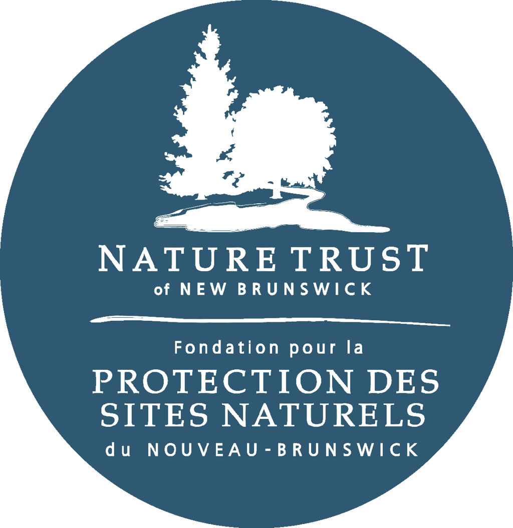 The Nature Trust of New Brunswick logo features white silhouettes of two trees on a blue background.