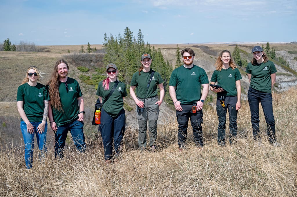 NCC staff members in matching green shirts standing in a grassy, hilly landscape.