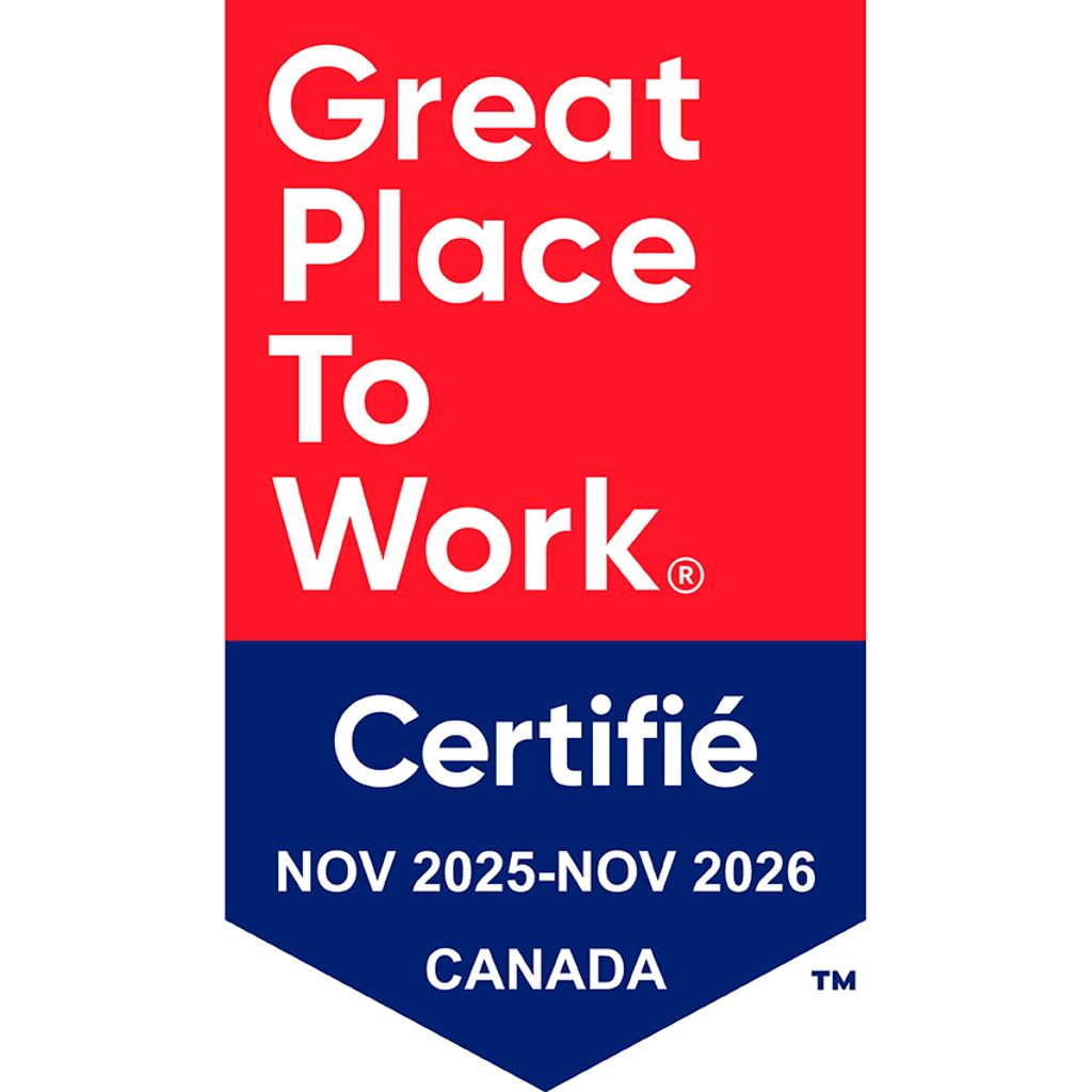 Un badge de certification « Great Place To Work » rouge et bleu pour le Canada.