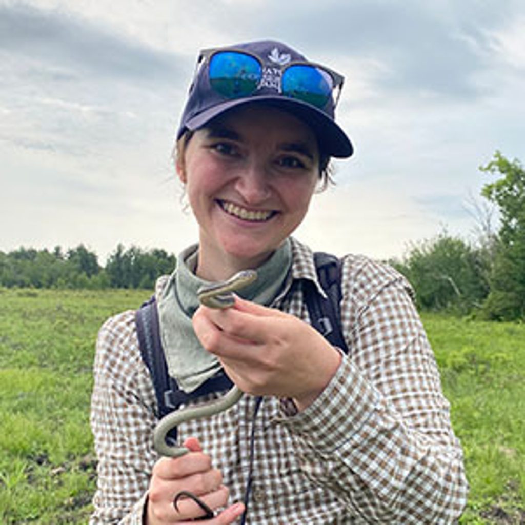 A smiling woman holds a small garter snake in a grassy field.