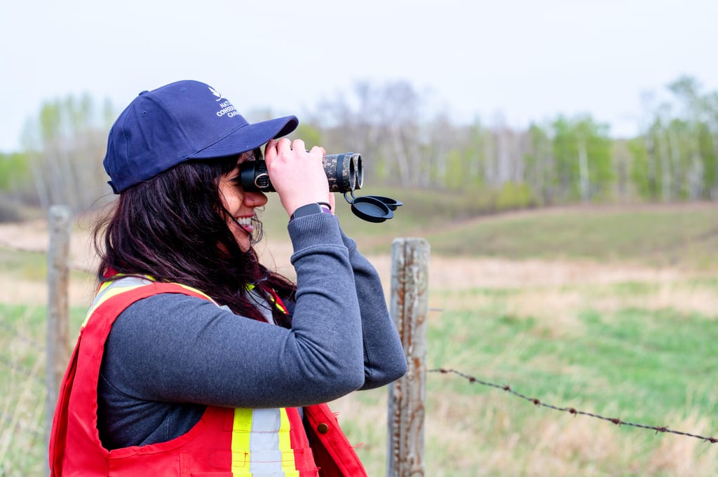 A woman wearing a red safety vest uses binoculars in a grassy field.