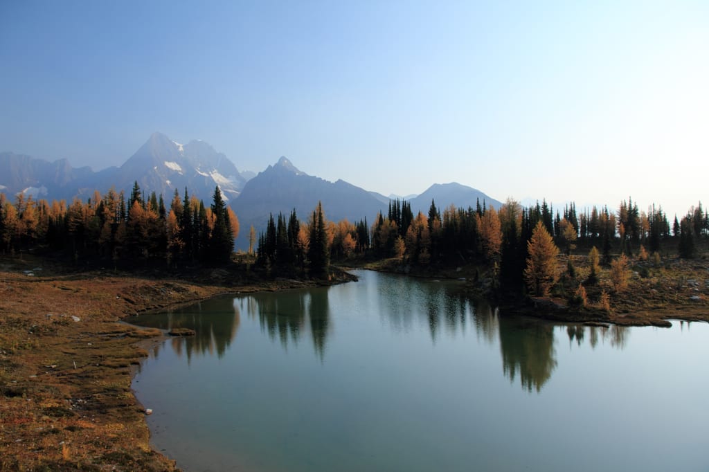 A calm lake reflects autumn-colored trees and snow-capped mountains under a clear sky.