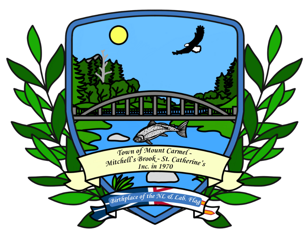 Un blason représentant un pont sur l'eau, un poisson, un oiseau et des arbres.