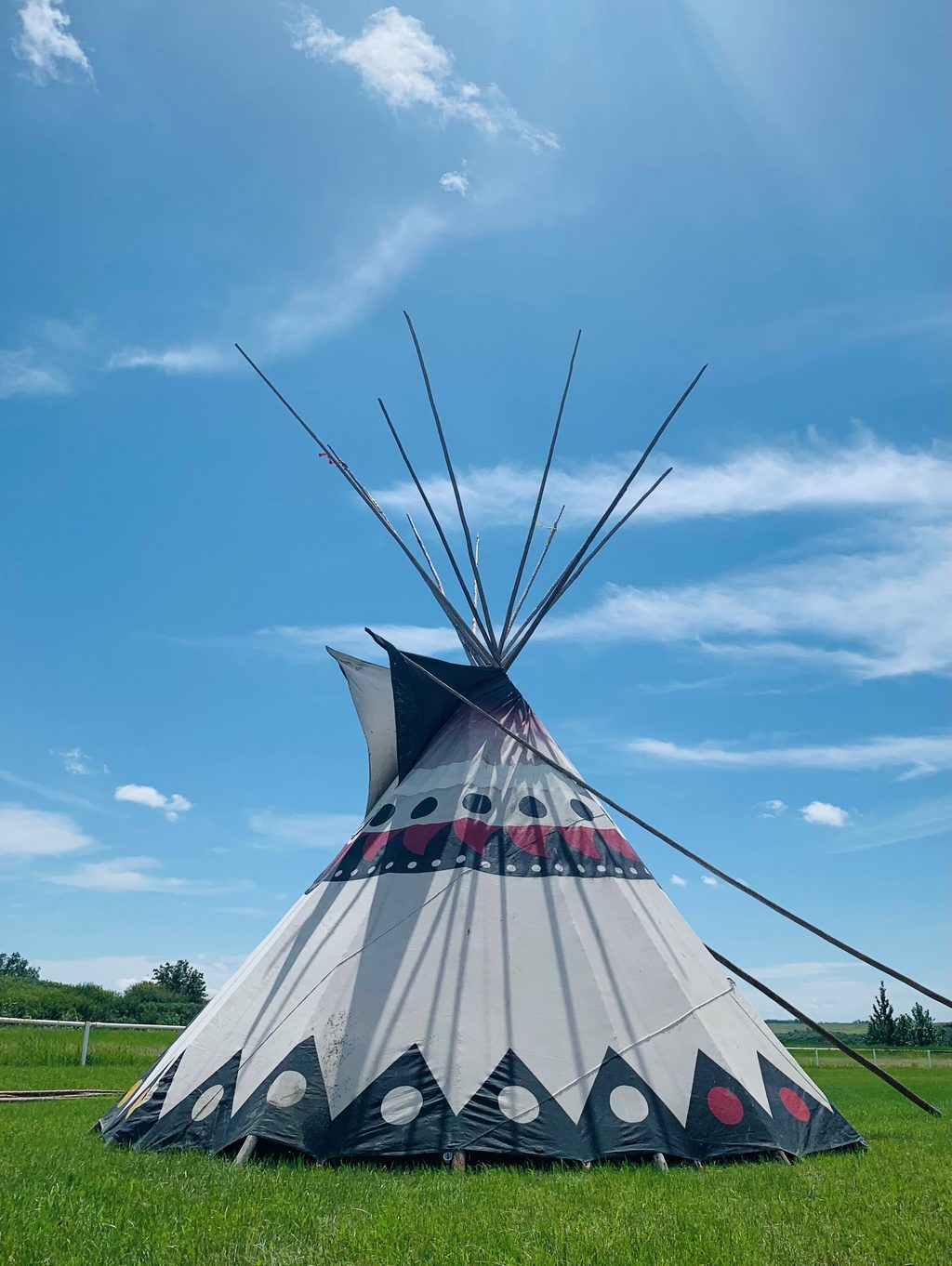 A decorated tipi stands in a green grassy field under a blue sky.