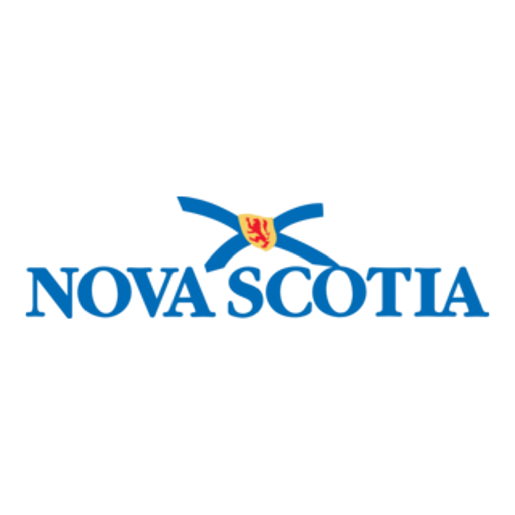 The words 'NOVA SCOTIA' are written in blue above a blue saltire and a small shield on a green background.