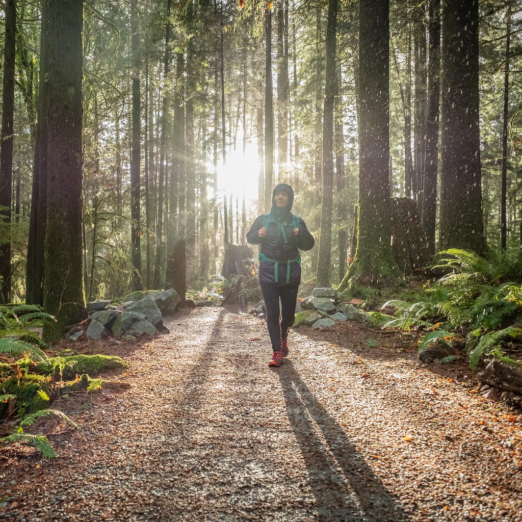 A person runs walk a gravel path through a sunlit forest.