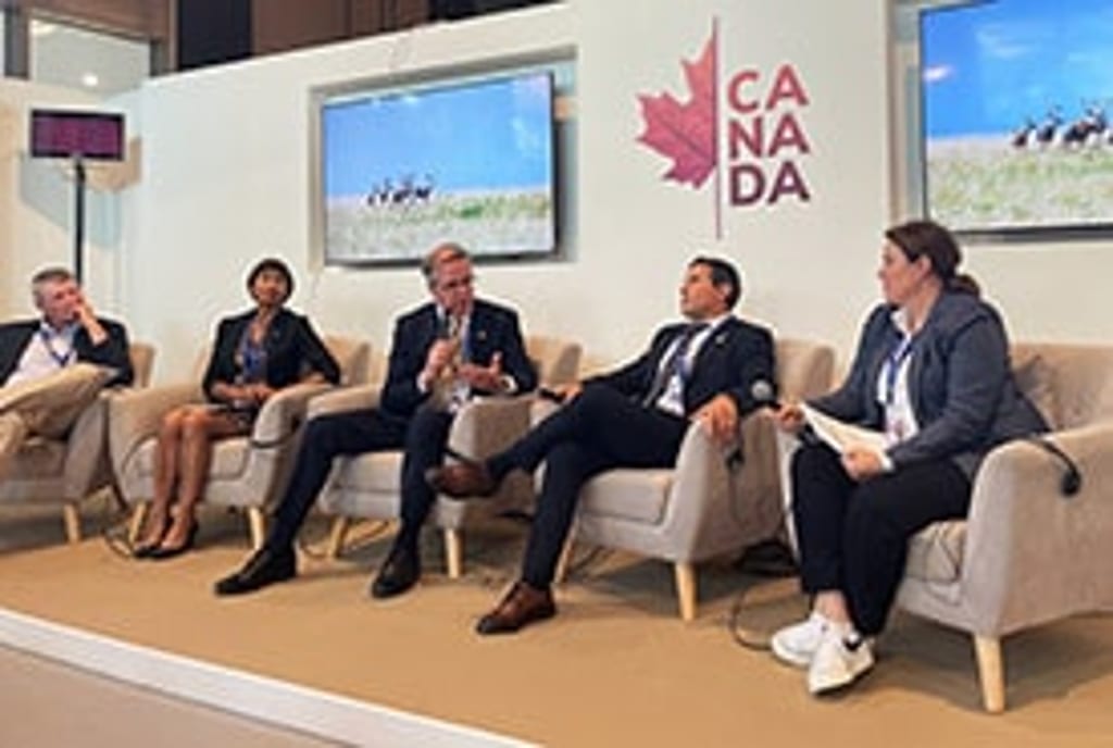 Rob Wilson and other panelists at the Grasslands and Canadian Livestock: Solutions from the Ground Up event at COP28.