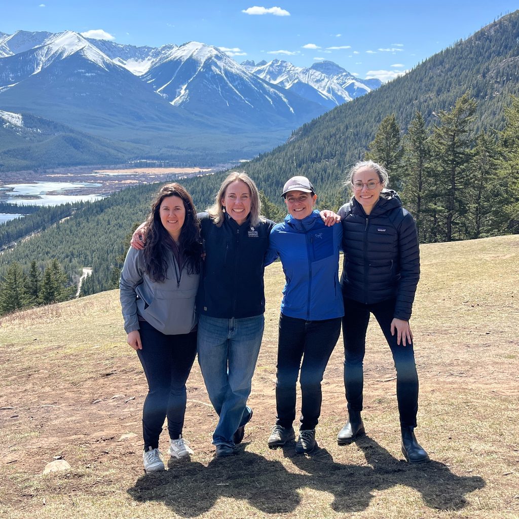 NCC staff members Katelyn Ceh, Aerin Jacob, Emilie Brien and Marie-Andrée on connectivity field trip in Banff National Park, AB.