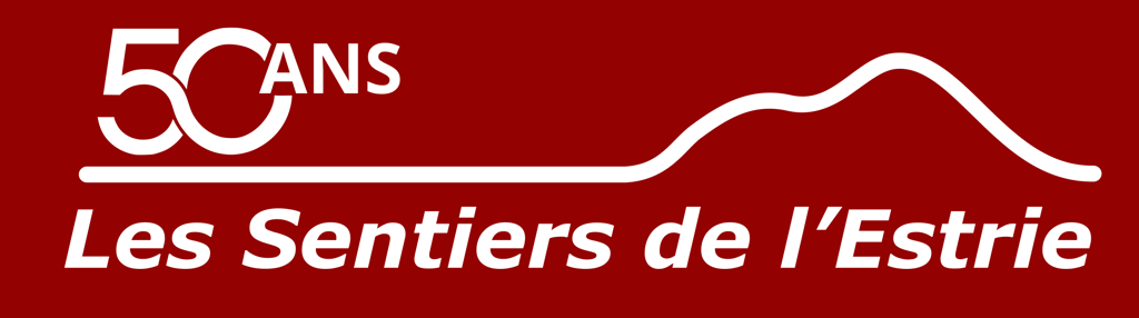 A red logo with a white stylized mountain line and the text '50 ANS Les Sentiers de l'Estrie'.