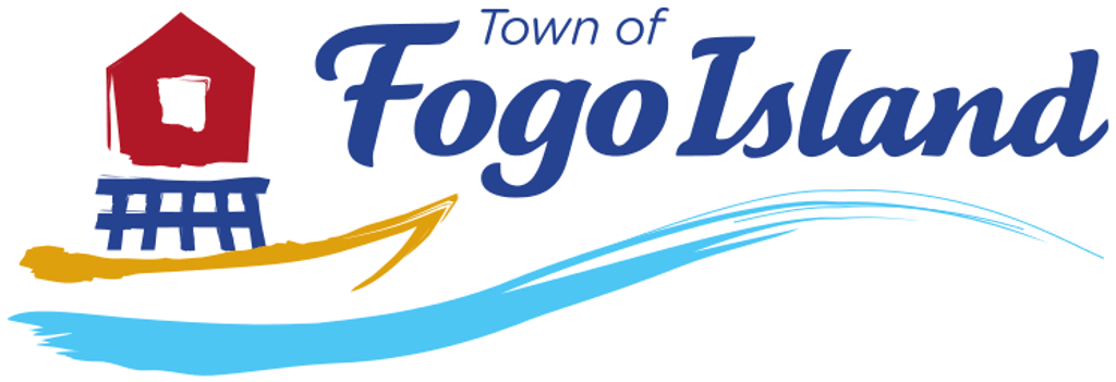 Le logo de la ville de Fogo Island présente un bâtiment rouge, un quai bleu, un bateau jaune et une vague bleue.